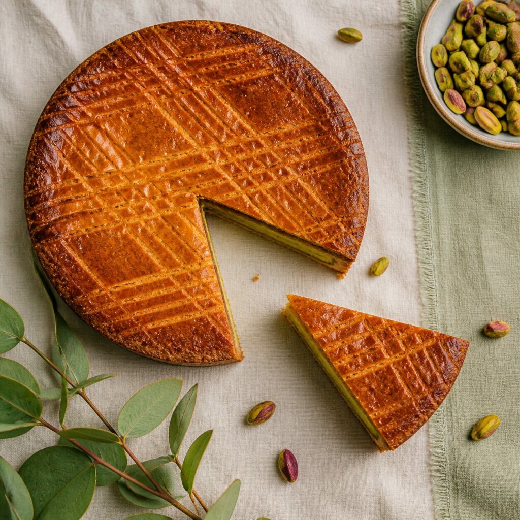 Porção triangular do bolo basco de pistácio com creme verde