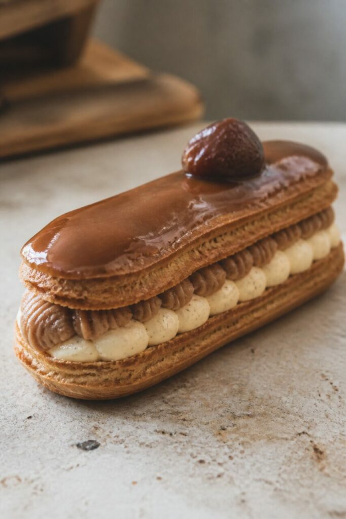 Chestnut cream peaks alternate with vanilla cream along the éclair