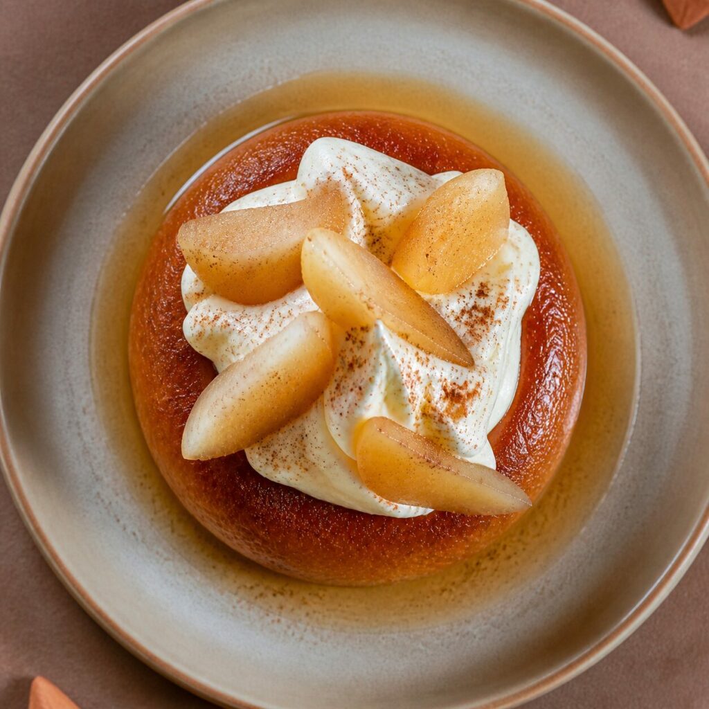 Poire en rosace et crème blanche garnissent le savarin imbibé