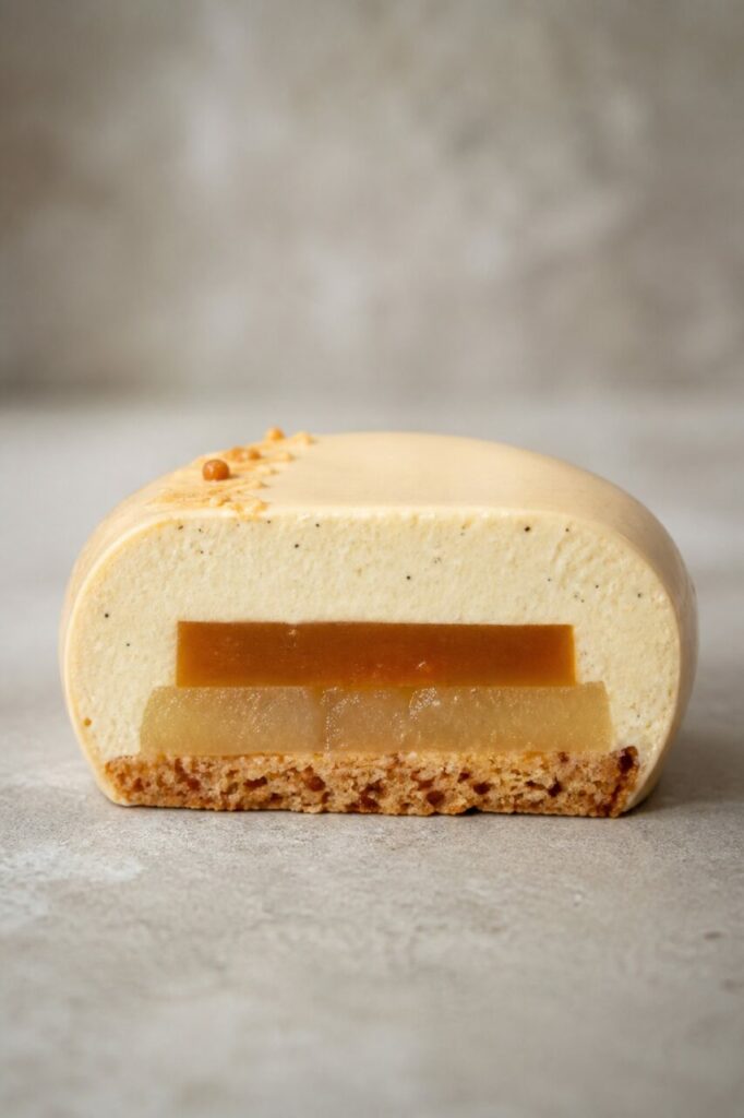 Peer en karamel op neutrale steen — Peren-vanille-karamelentremet