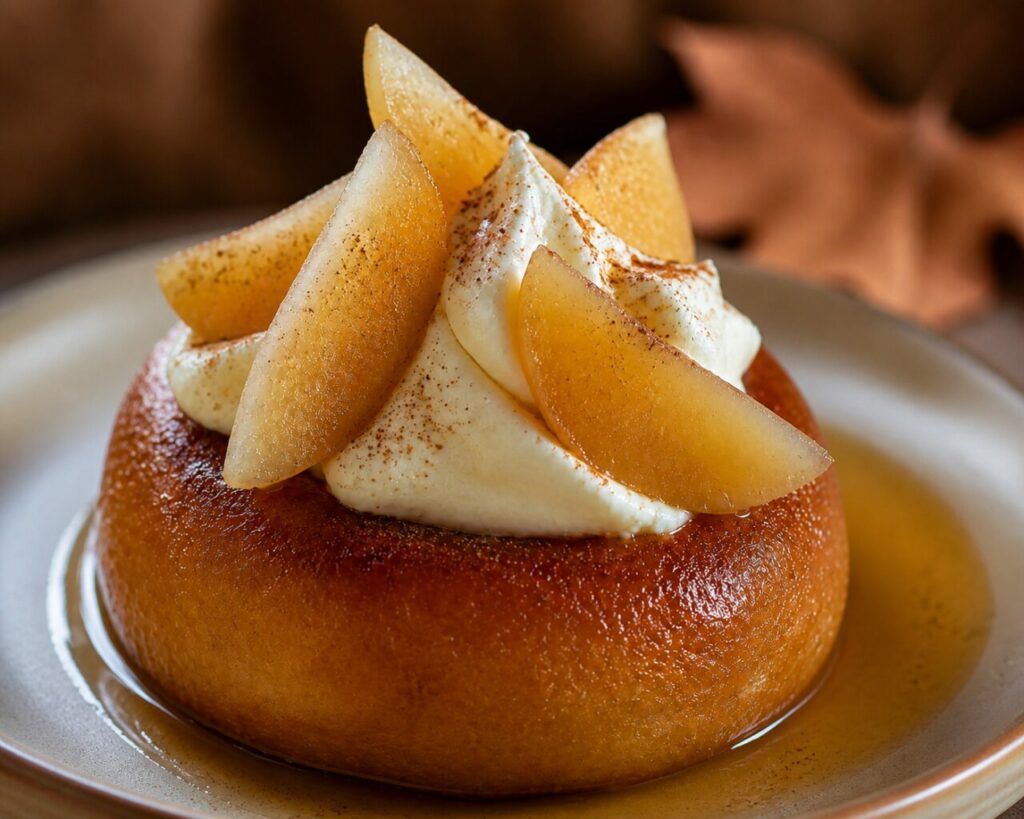 Poire pochée sur crème blanche et savarin ambré