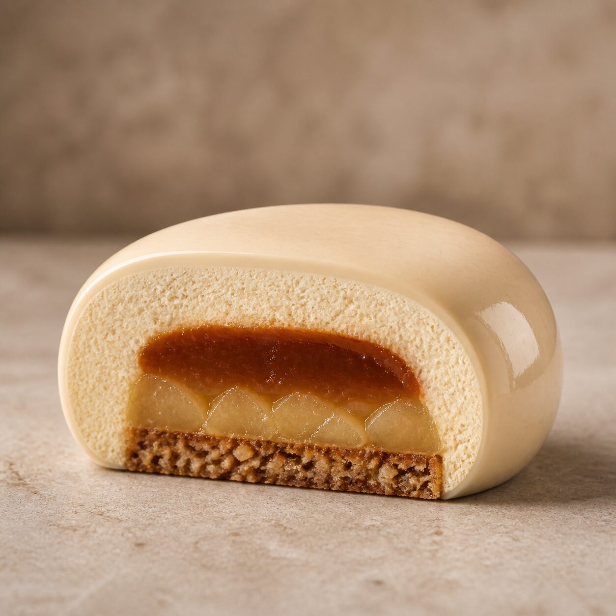 Poire-vanille-caramel en entremets — dessert pâle aux couches visibles