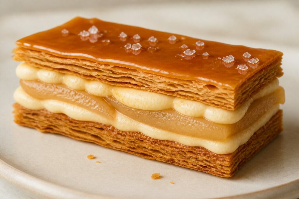 Poires fondantes garnissant le mille-feuille nappé de caramel
