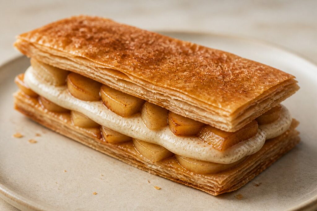 Pomme en lamelles entre la crème et la pâte du mille-feuille pommes-cannelle