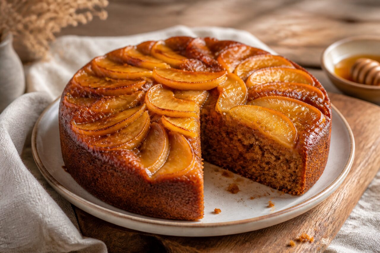 Mele lucide sulla torta tagliata al miele e spezie