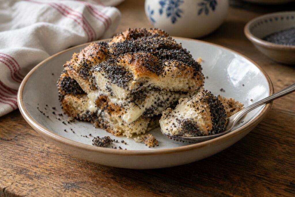 Opened serving of mákos guba showing soaked bread layers