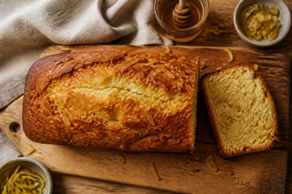 Vasetto di miele accanto al plumcake al limone candito tagliato