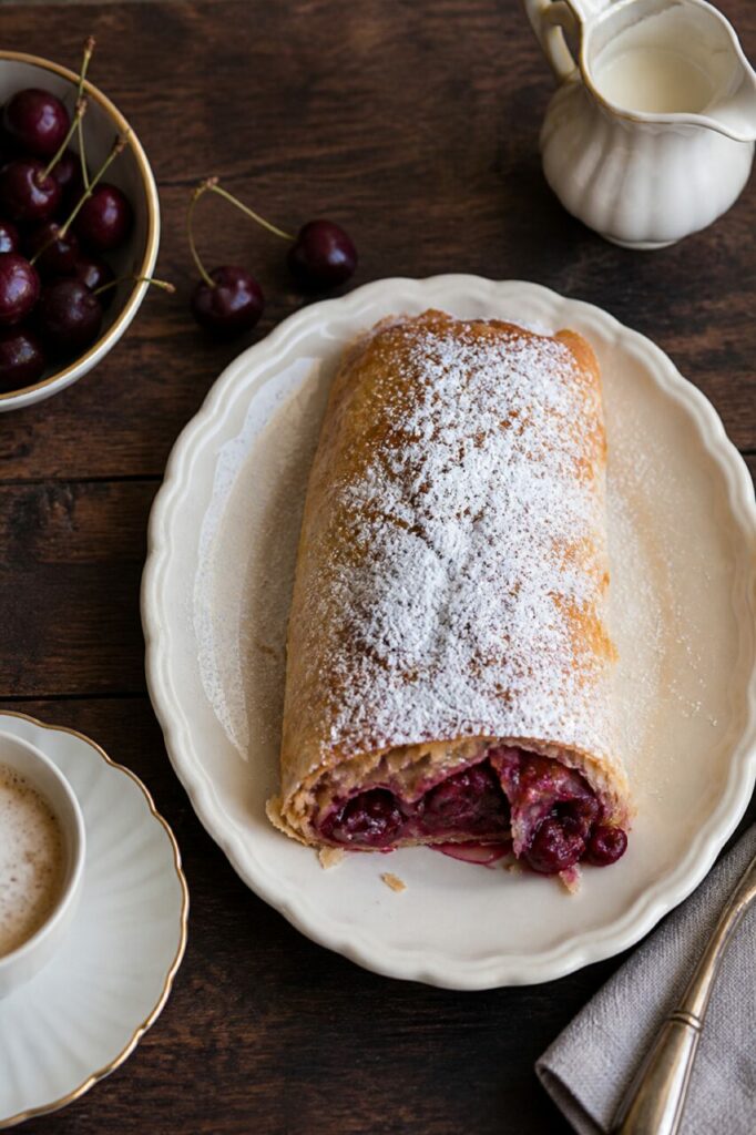Una spolverata di zucchero a velo sulla sfoglia dorata del Kirschstrudel