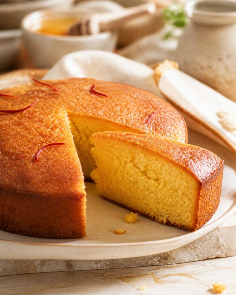 Amber crust surrounds the sliced honey-saffron cake