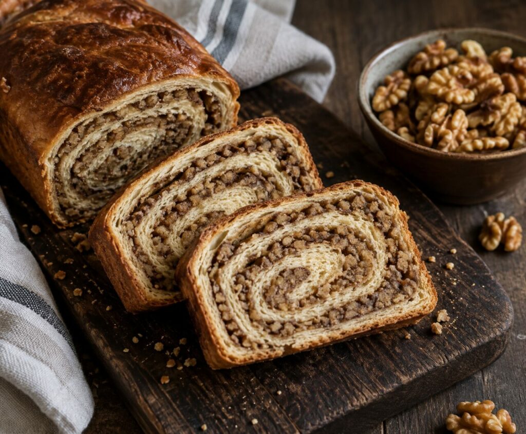 Across a dark board, slices of Croatian walnut povitica