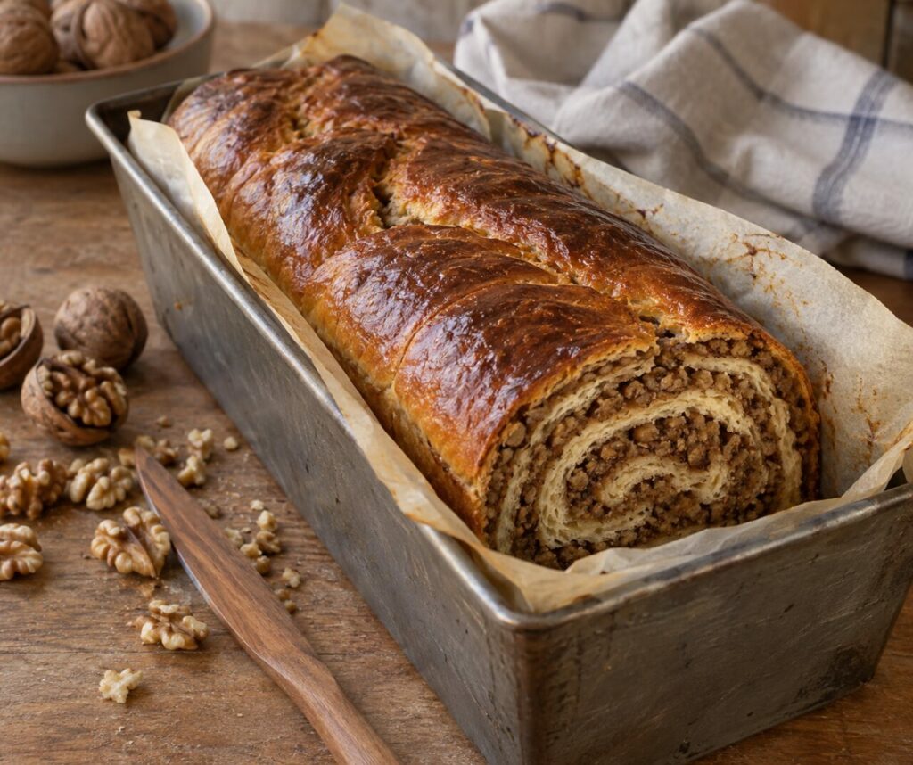 Sliced Croatian walnut povitica on a baking tray