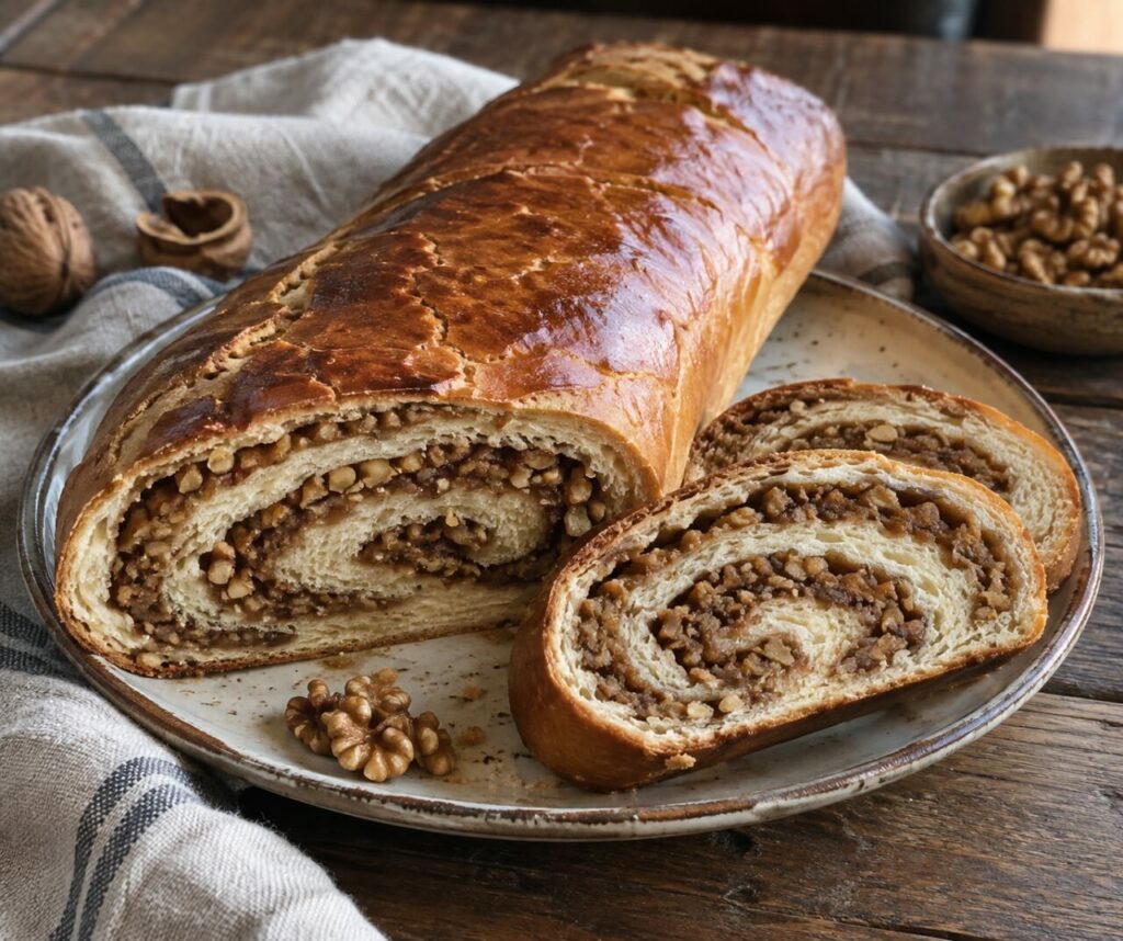 On a ceramic plate, Croatian walnut povitica with rolled dough