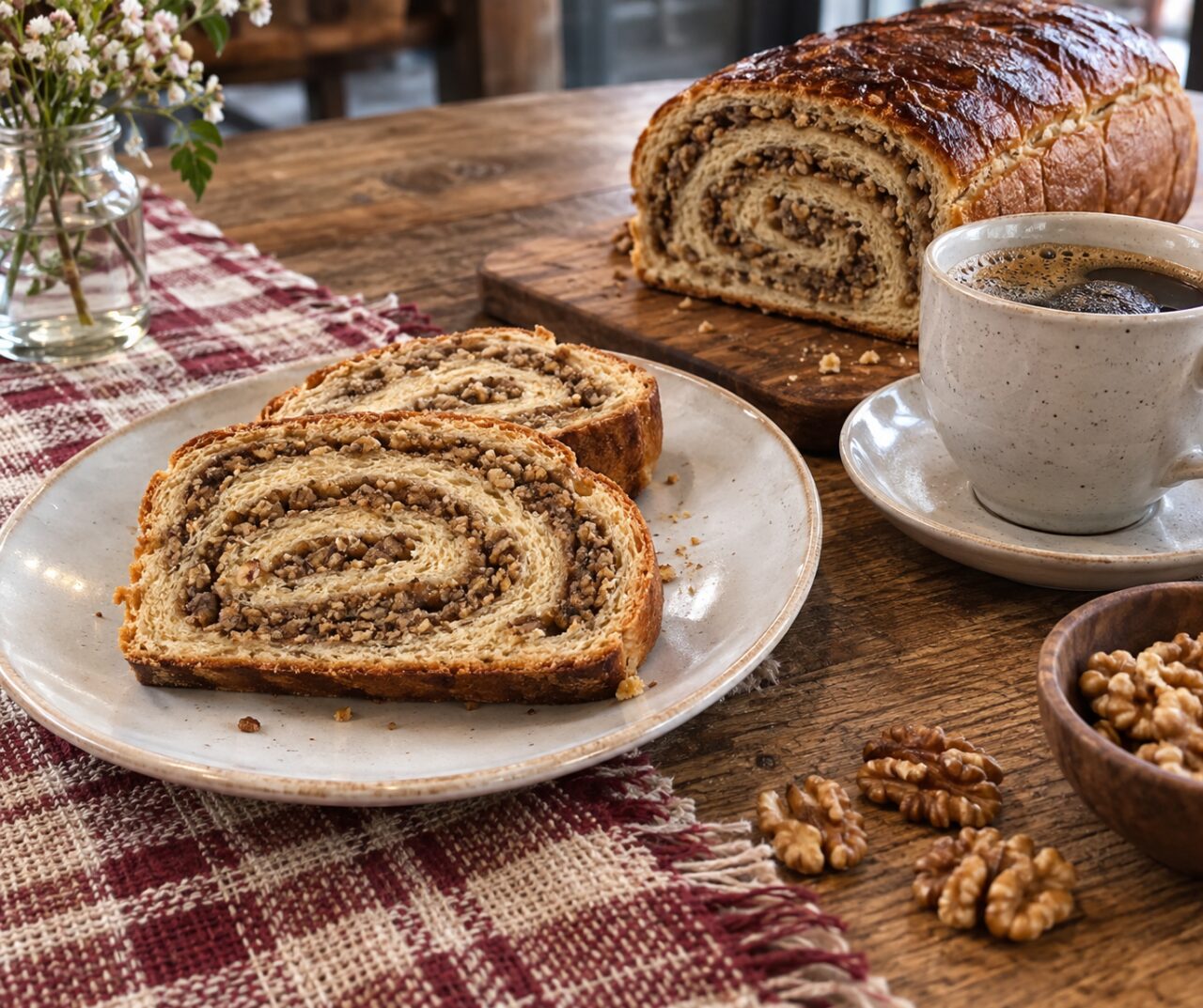 Près d’une tasse de café, povitica croate aux noix sur table en bois