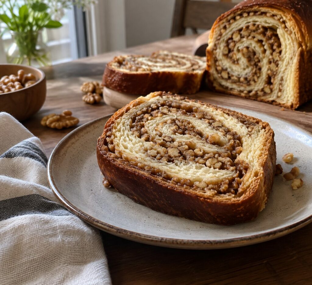The open spiral of Croatian walnut povitica on a plate
