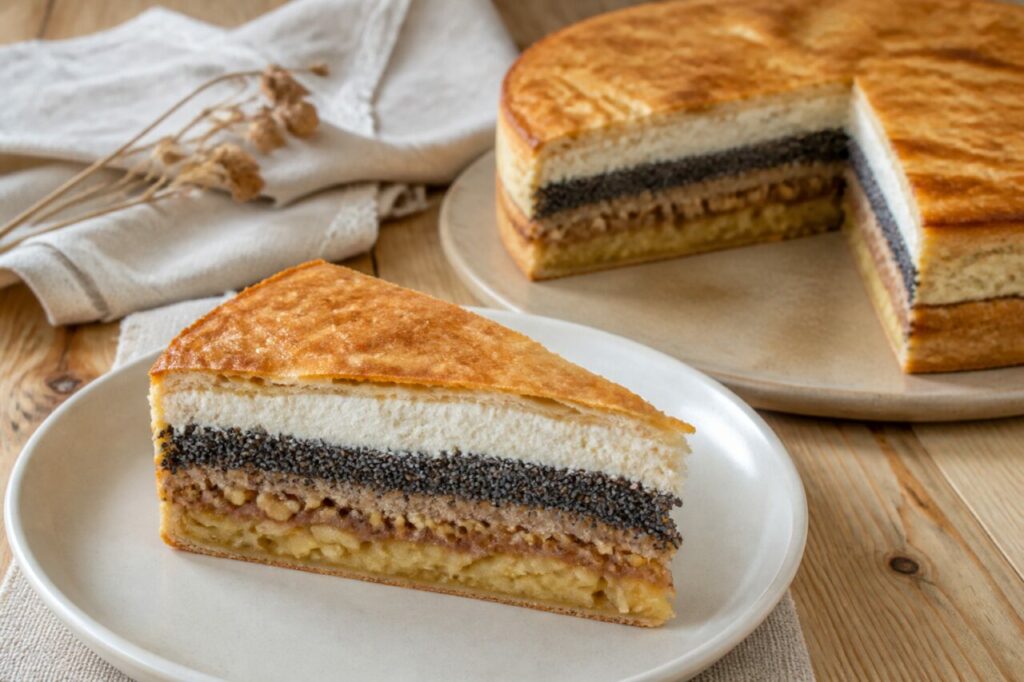 Doce tradicional esloveno — A prekmurska gibanica é mostrada em fatia com várias camadas contrastantes, incluindo uma camada escura de sementes