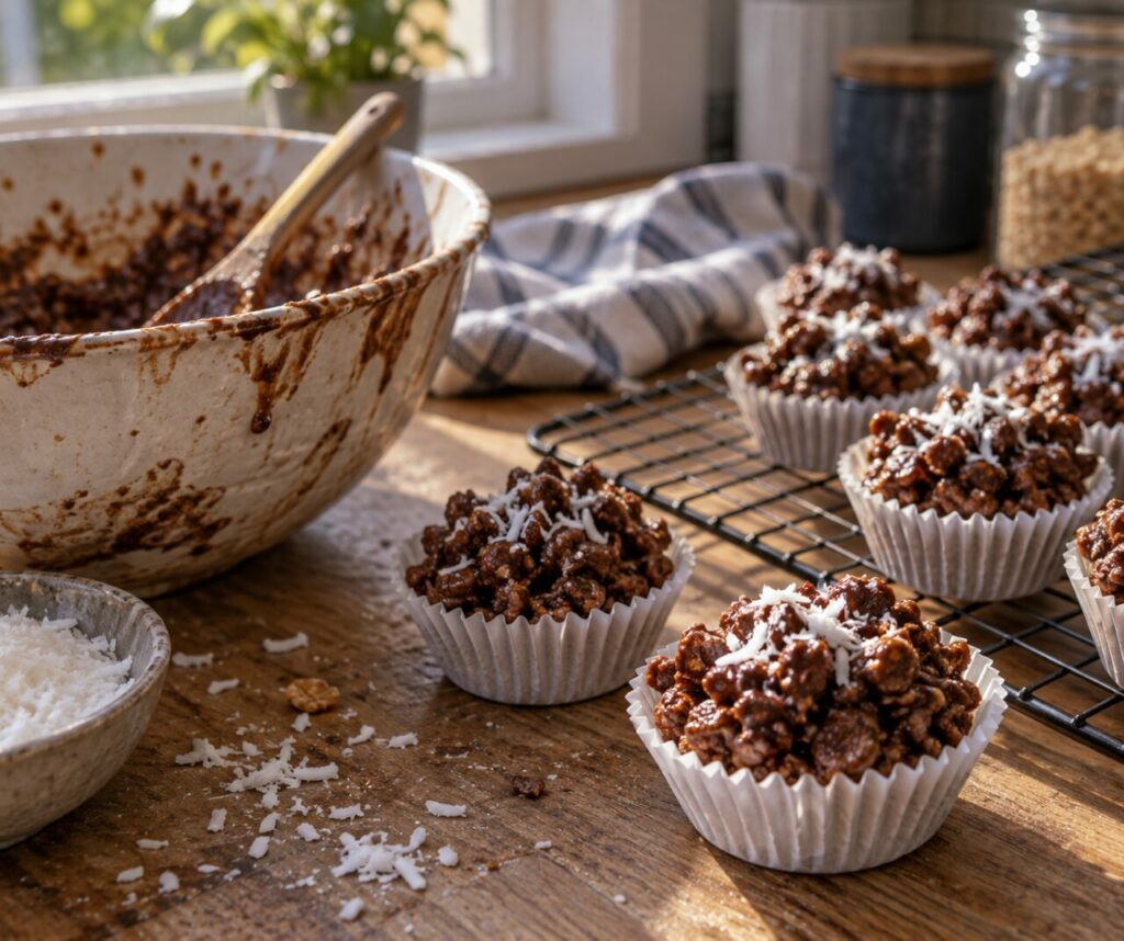 Preparazione chocolate crackles accanto a ciotola e griglia