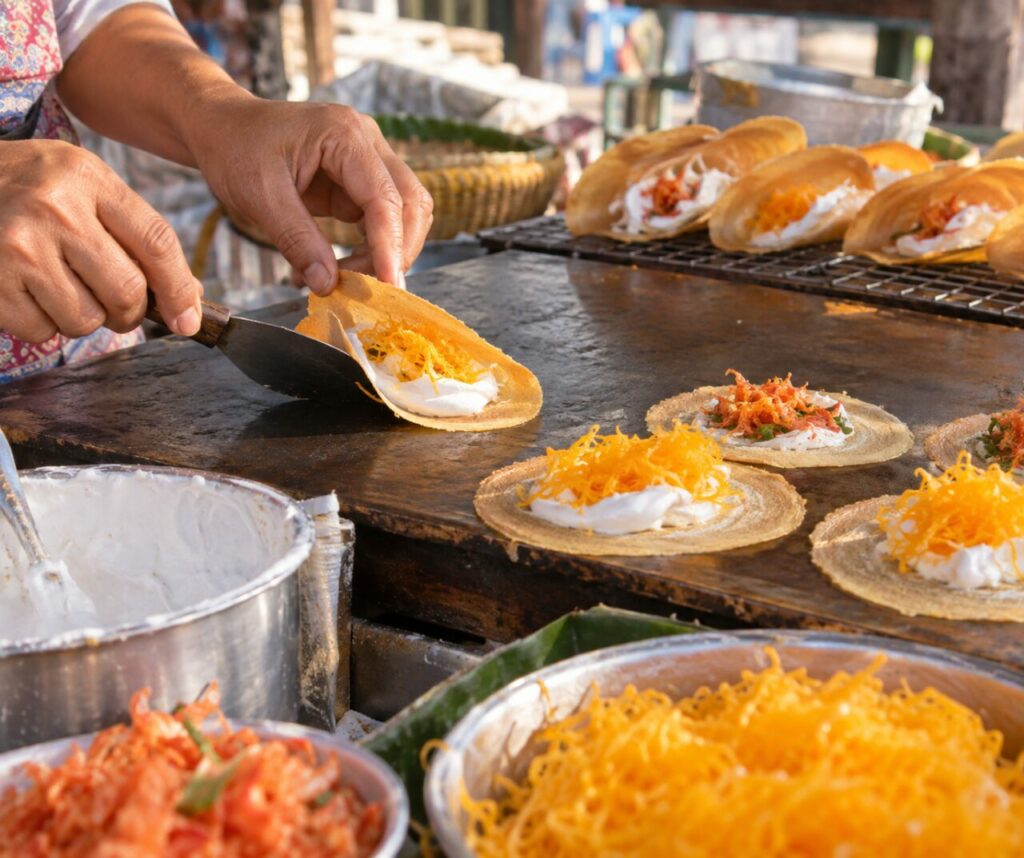 Making khanom buang with coconut cream and golden threads