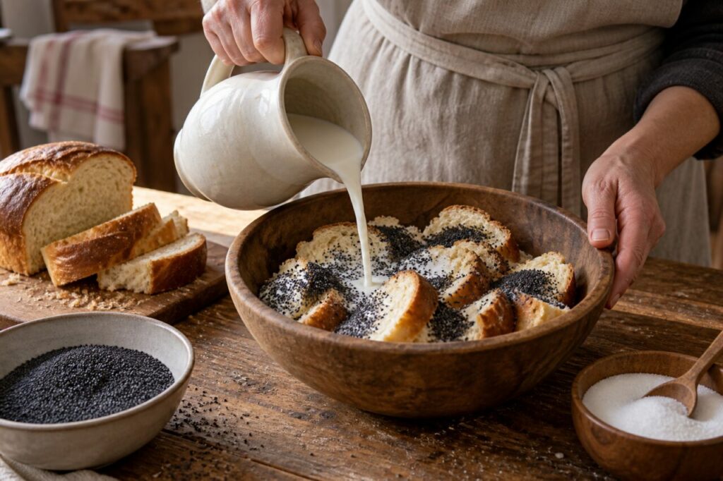 Preparing mákos guba with bread, poppy seeds and milk
