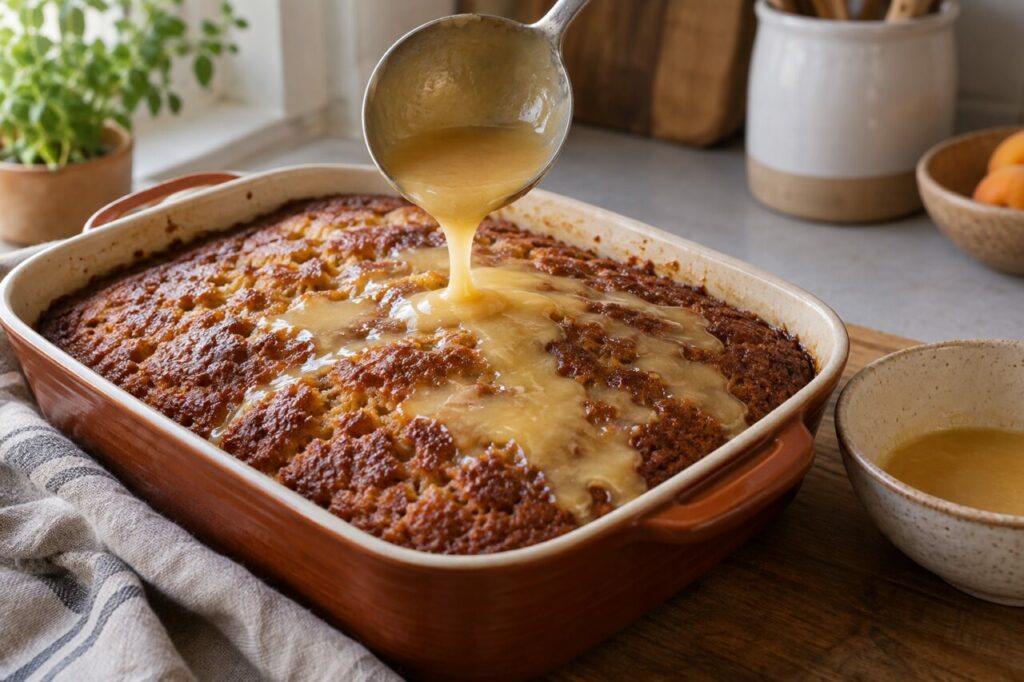 Ladle pouring sauce over South African malva pudding