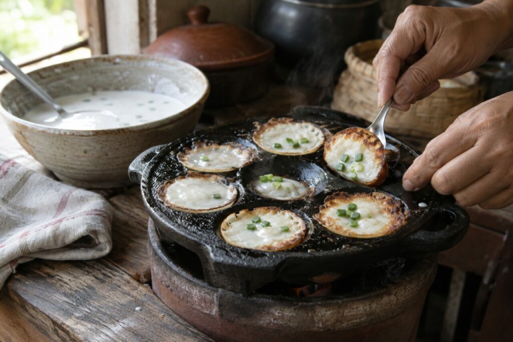 Homestyle Thai khanom khrok preparation with coconut batter and cooking spoon