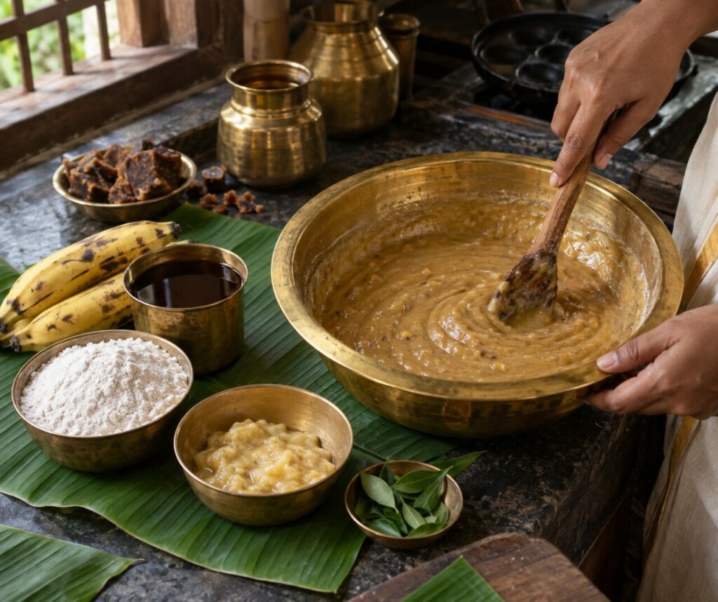 Massa: Massa de banana e jaggery para unniyappam do Kerala