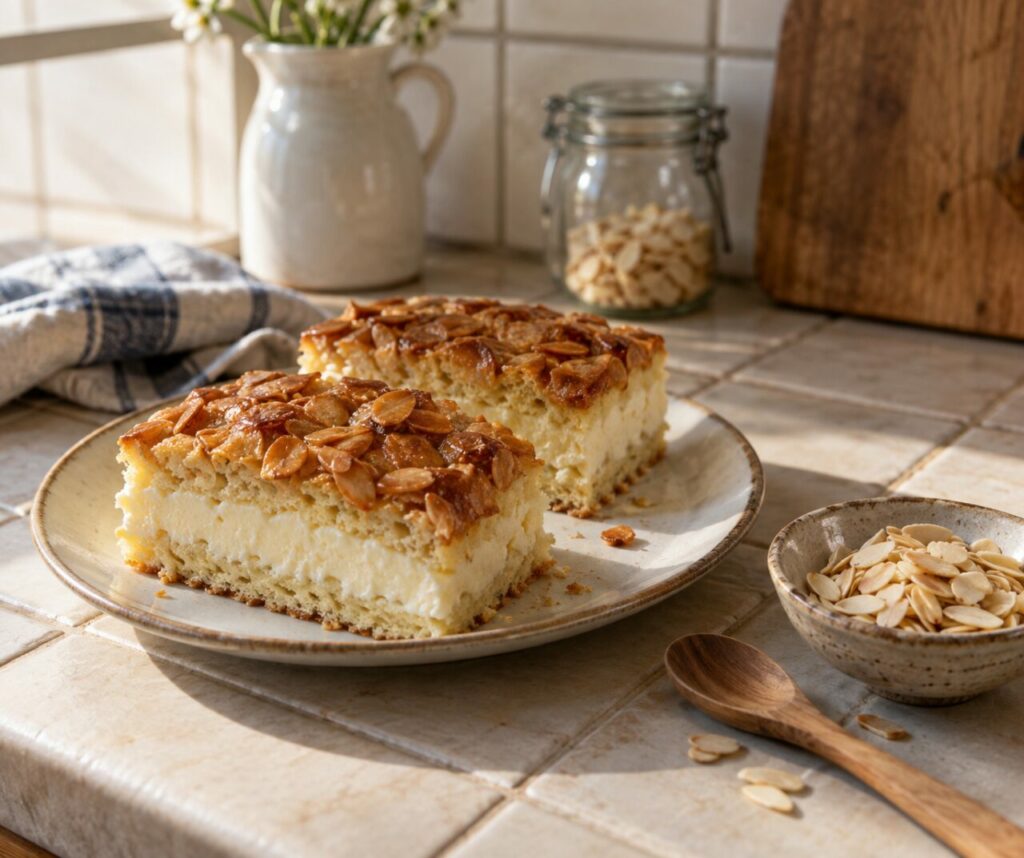 Cream-filled Bienenstich slices beside almonds on a tiled counter