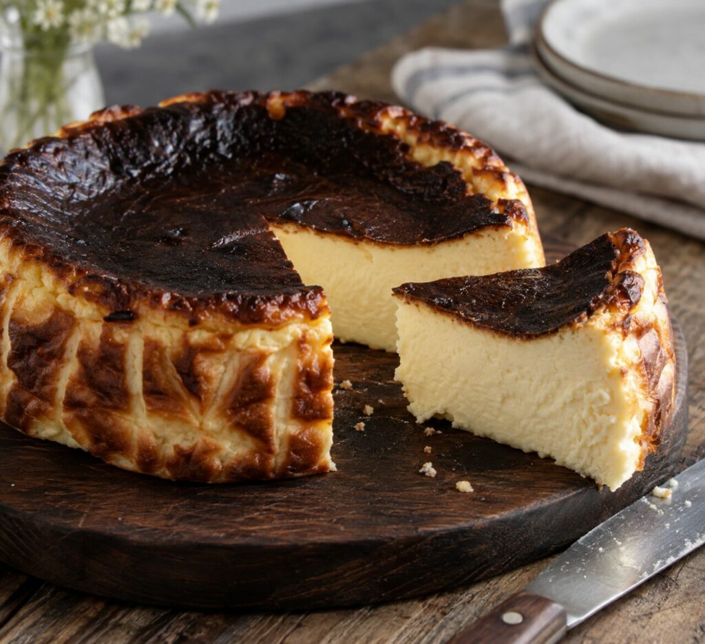 Beside a coffee cup, Basque burnt cheesecake slices on a blue plate