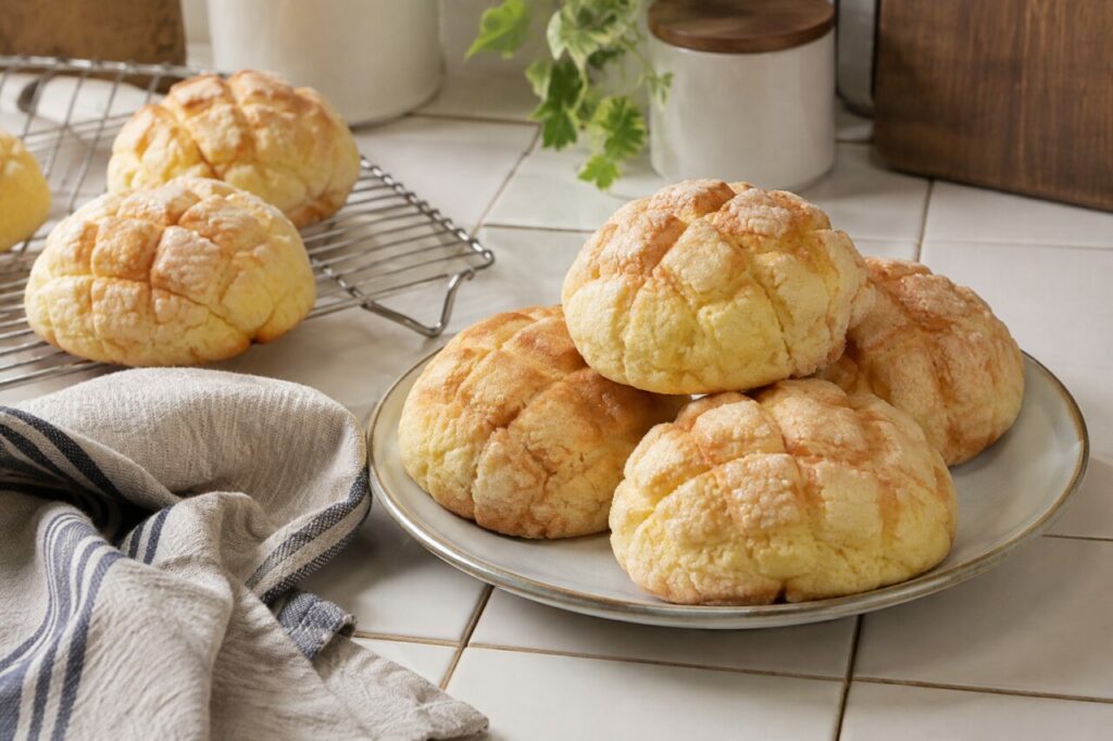 Cooling rack beside Japanese melon pan on a plate