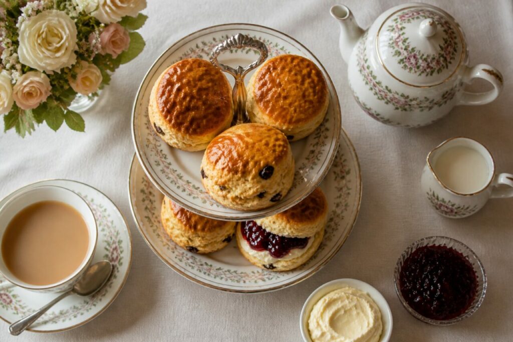 Alzatina floreale colma di scone all'uvetta