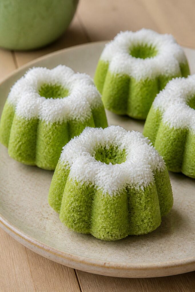 Putu ayu — Petits gâteaux vapeur verts à la noix de coco
