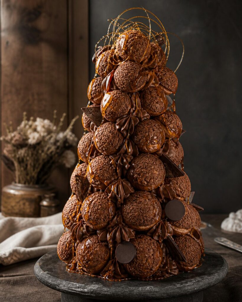 A tower of chocolate choux rises beneath the spun caramel of the chocolate caramel croquembouche