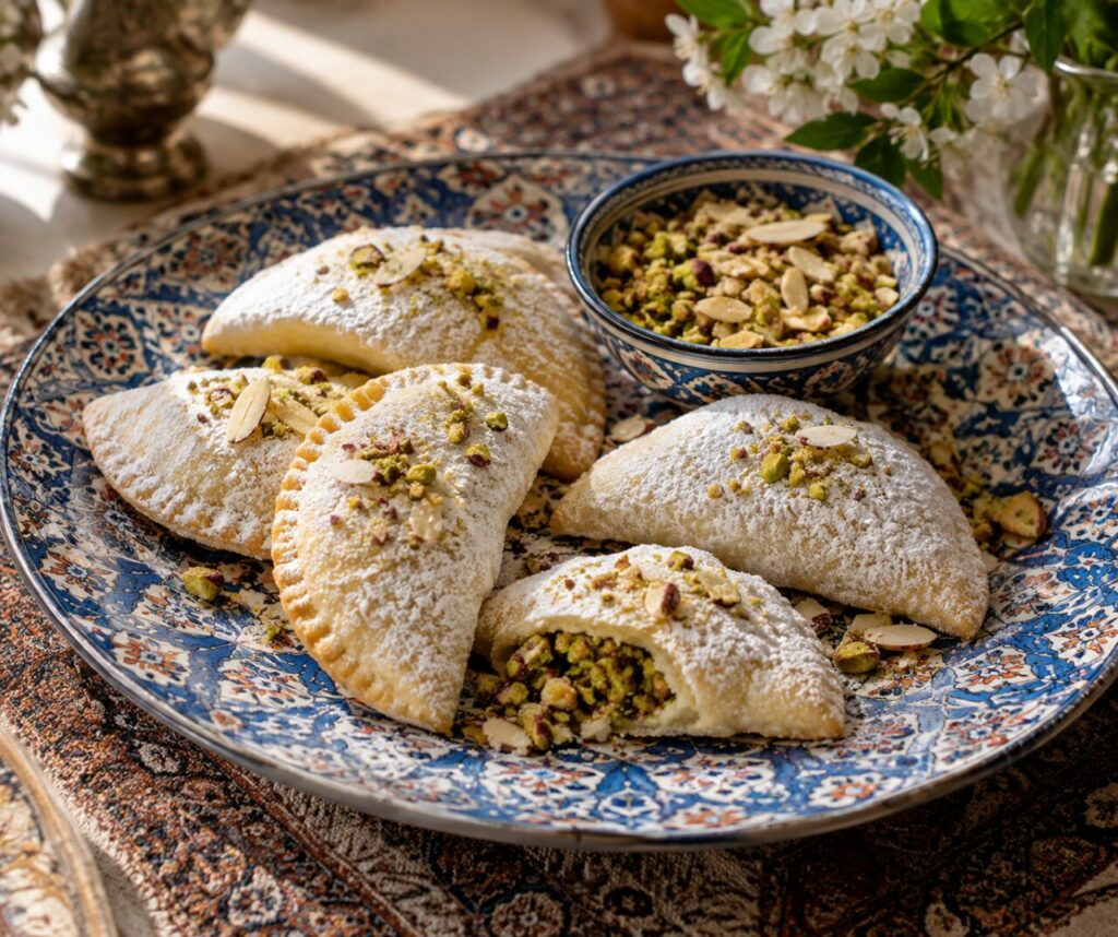 In a blue bowl, sugar-dusted qottab sit beside crushed pistachios