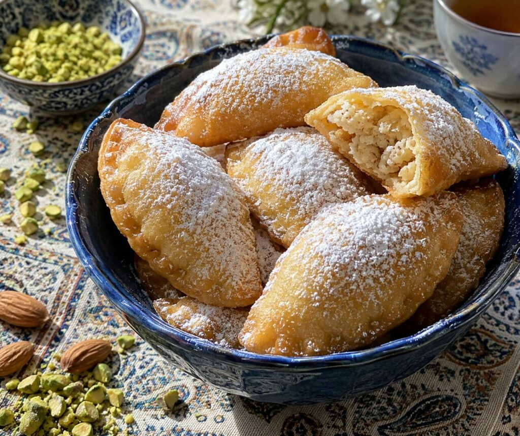 On a cooling rack, golden qottab show their flaky pastry layers