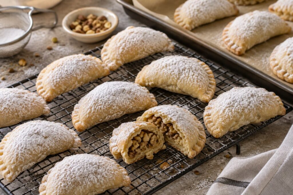On a brass tray, powdered Persian qottab surround one pastry cut open