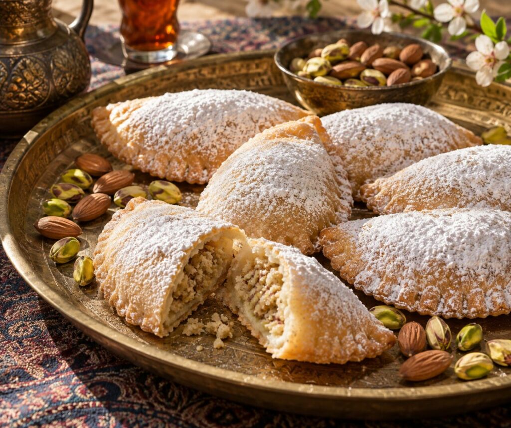 Dans un plat persan décoré, les qottab dorés accompagnent une farce aux amandes