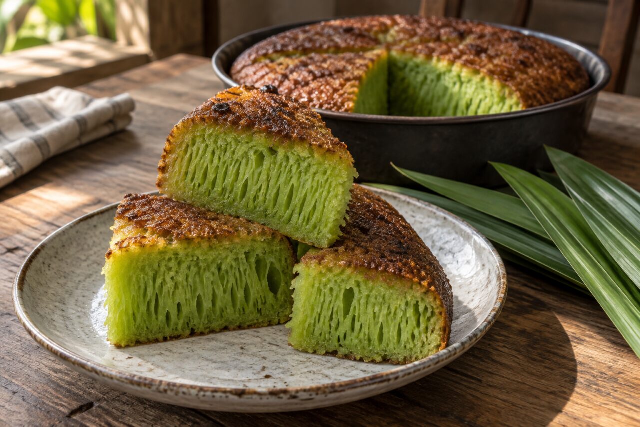 Quartiers de bánh bò nướng vietnamien au pandan avec croûte caramélisée