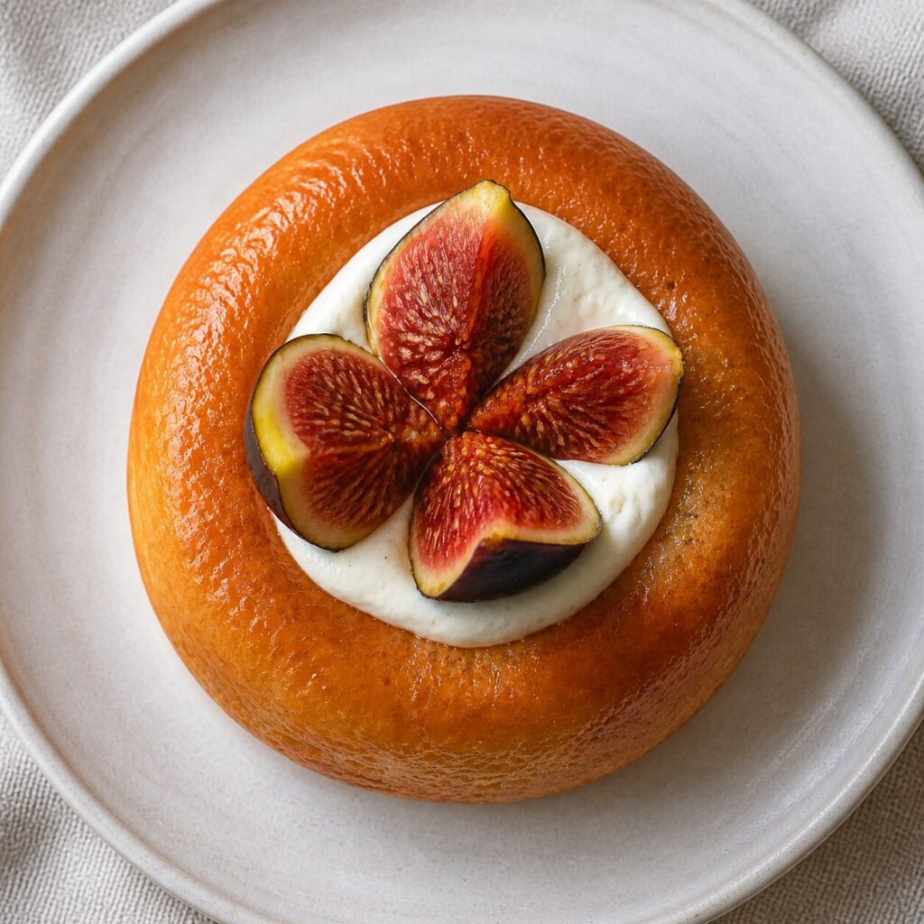 Quattro spicchi di fico a rosetta sul savarin al mascarpone