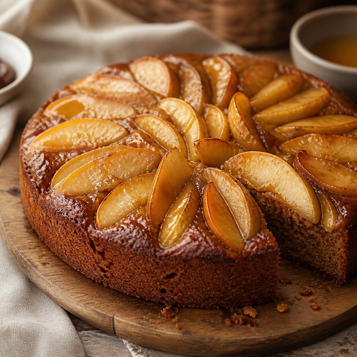 Zachte parten bedekken de gekruide appelcake