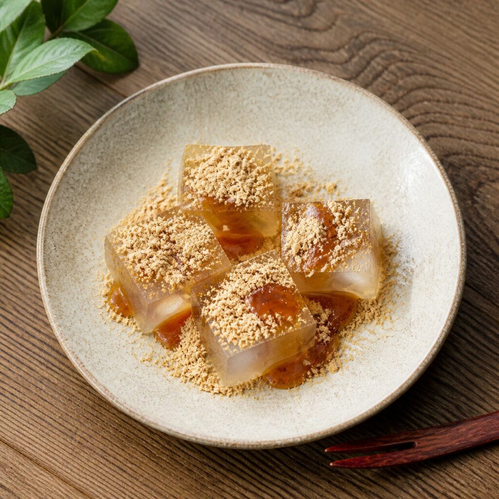 Quattro kuzumochi dai bordi netti mantengono un riflesso dorato