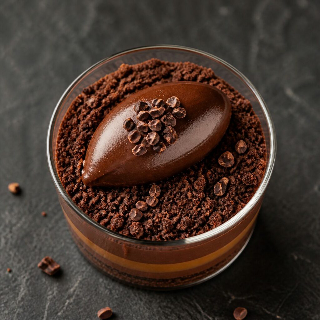 Mousse au chocolat avec quenelle, crumble cacao et grué en verrine