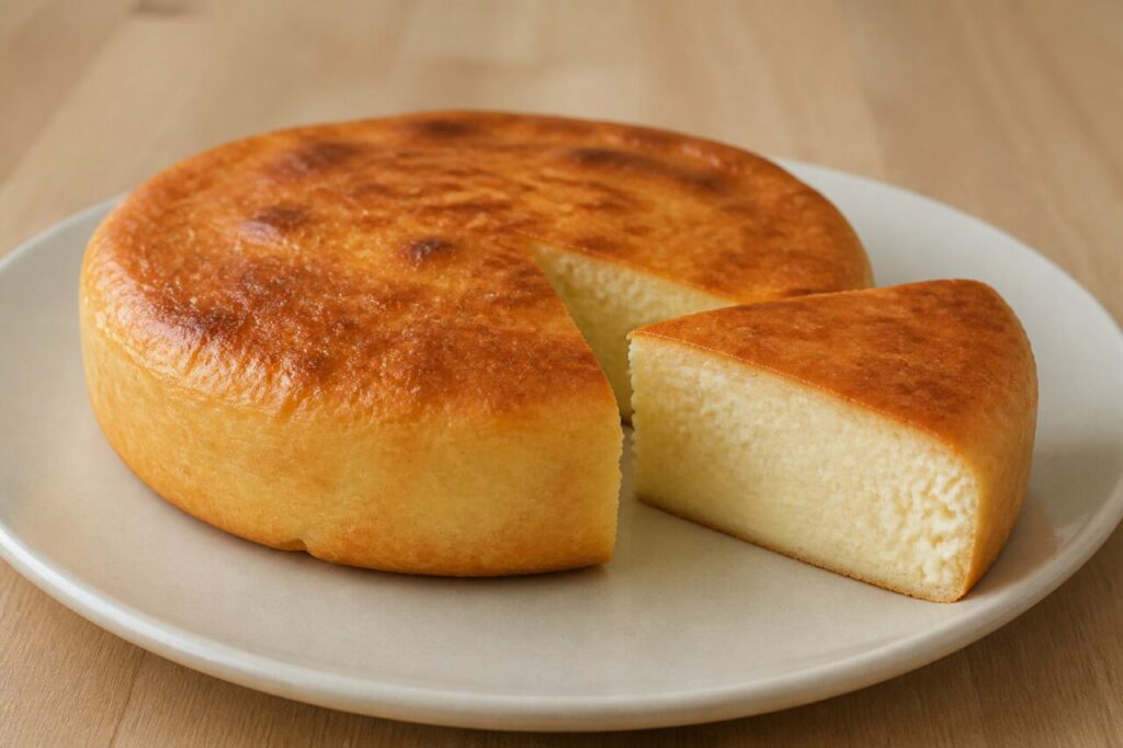 Quesadilla salvadoreña au fromage, gâteau doré de maïs et de riz en part épaisse sur assiette artisanale