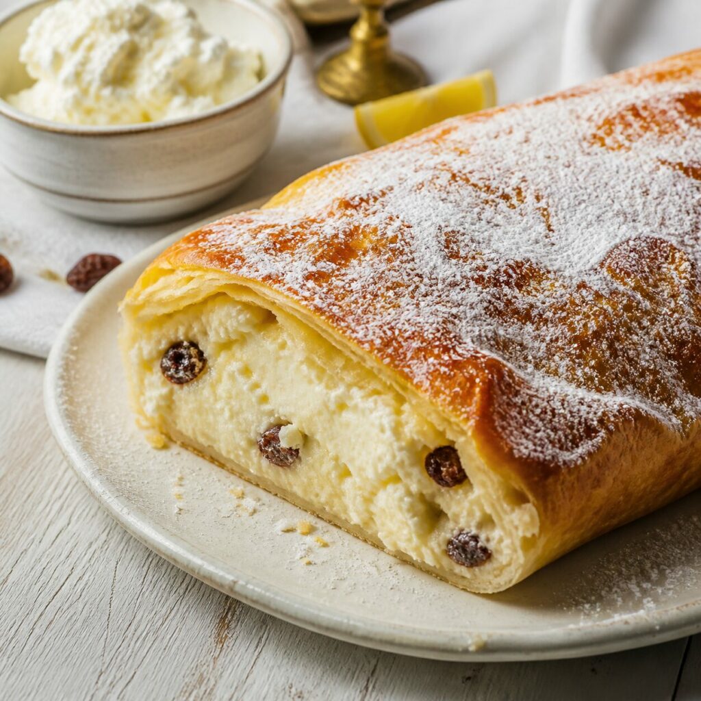 Uvetta immersa nel ripieno bianco e morbido del topfenstrudel
