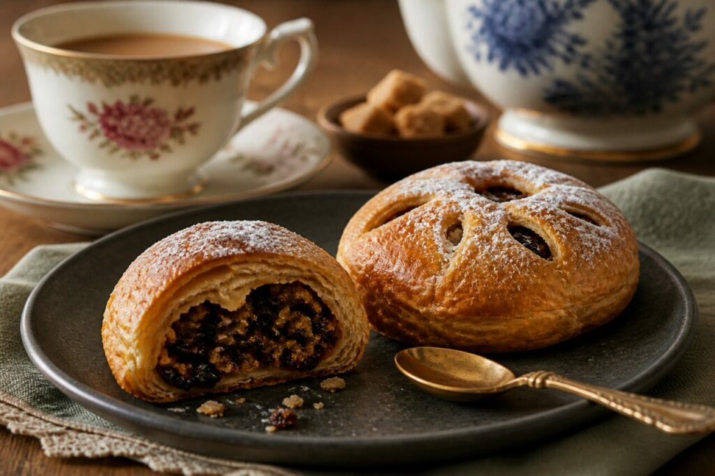 Pasas y azúcar moreno dentro del Eccles cake espolvoreado