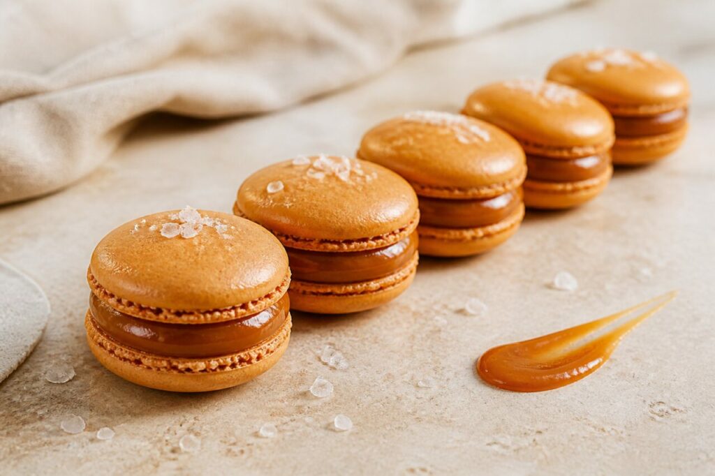 Fila âmbar de macarons de caramelo salgado