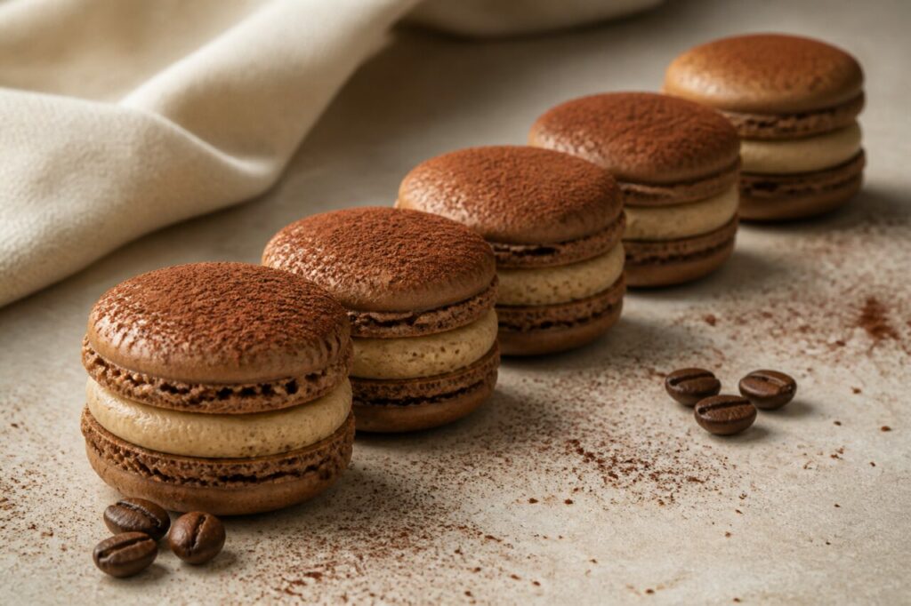 Rangée de macarons café-tiramisu aux coques poudrées