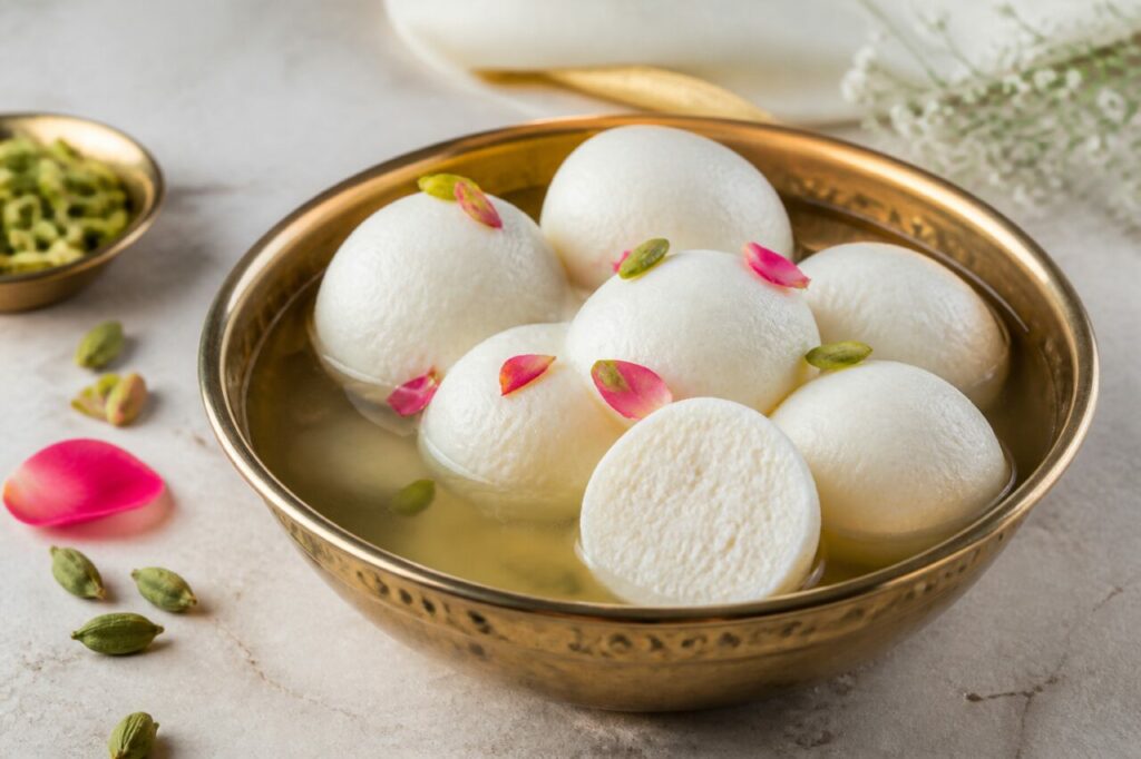 Rasgulla indien au lait dans un sirop clair, pétales de rose et cardamome