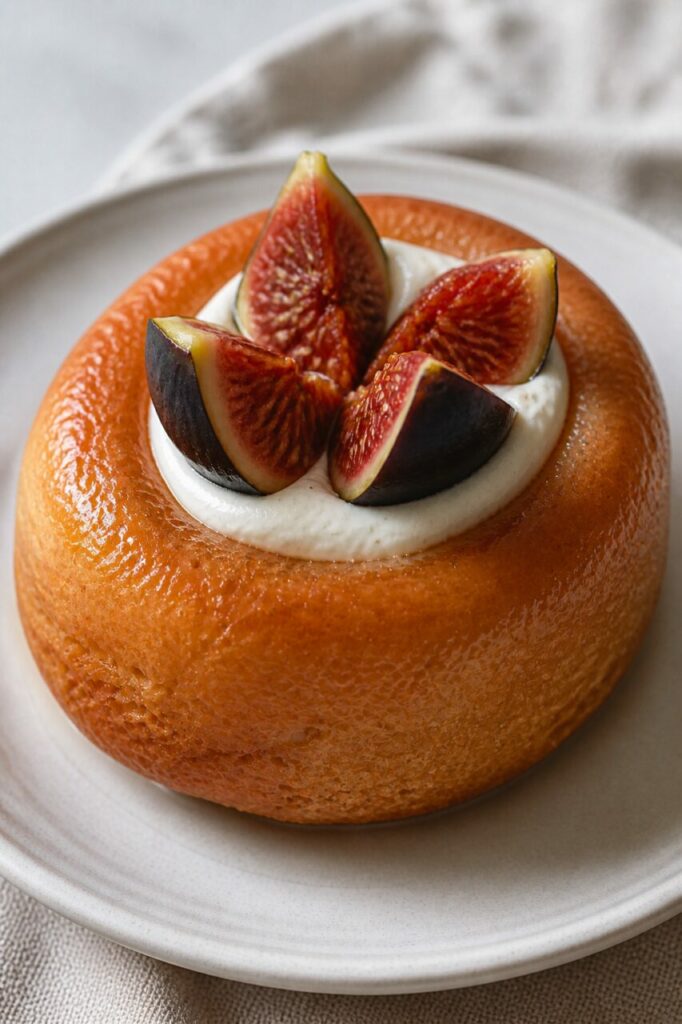 Sciroppo lucido sul savarin con fichi e mascarpone