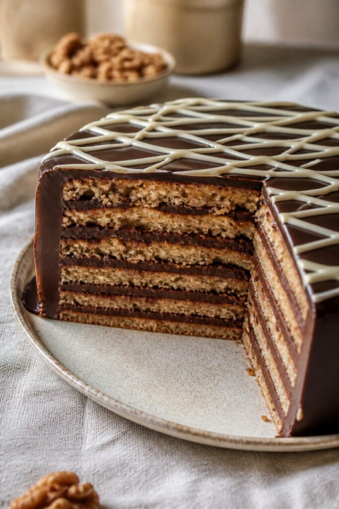 Muitas camadas de noz e creme de chocolate na torta Reform