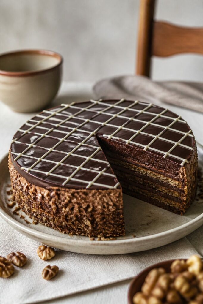 Alternance de chocolat et de noix sous les croisillons blancs du gâteau entamé