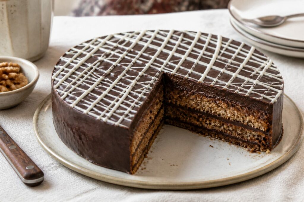 Torta Reform de nozes com uma fatia retirada